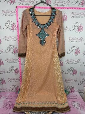 Embellished Peach Lace Long Sleeve Dress with Turquoise Accents